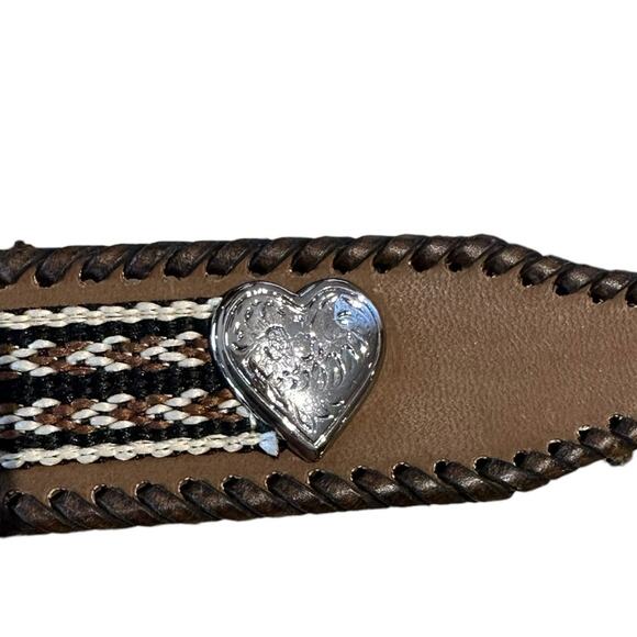 Western Belt with Heart Shaped Conchos Womens XL Brown and Tan Silver Buckle - Picture 2 of 11